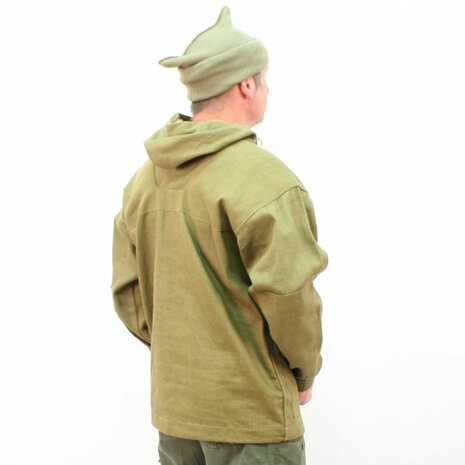 Front view of the British WW2 denim overhead mountain smock by Kay Canvas with four pockets and fixed hood