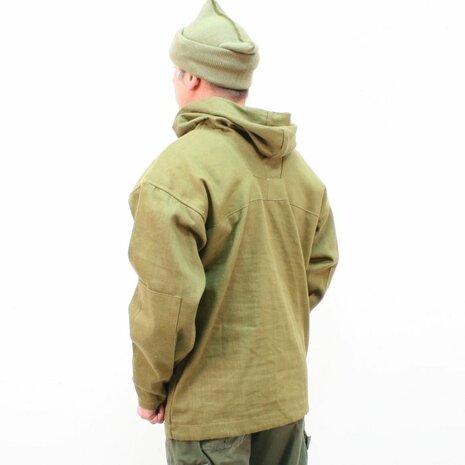 Front view of the British WW2 denim overhead mountain smock by Kay Canvas with four pockets and fixed hood