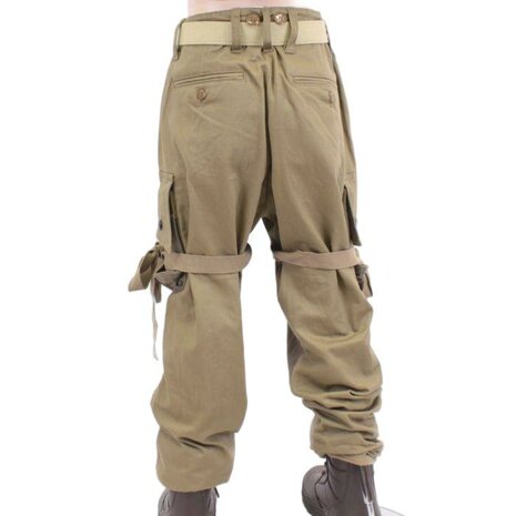 Rear view of children&rsquo;s US WW2 M42 jump trousers with rear pockets, leg pockets and tie tapes