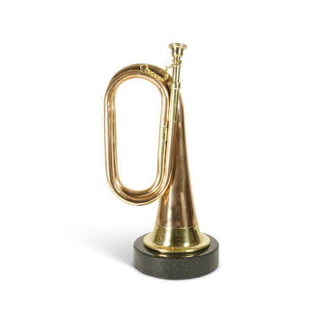 Decorative bugle signal horn with copper-coloured finish and round base