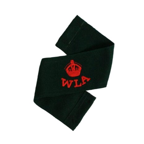 Green Women&rsquo;s Land Army WLA recruit armband with red WLA badge and adjustable button closure