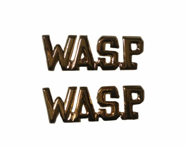 Pair of metal WASP collar badges with gold-coloured W.A.S.P. lettering