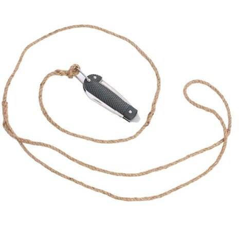 Hennep koord lanyard bevestigd aan British Army clasp knife op witte achtergrond / Hemp cord lanyard attached to British Army c