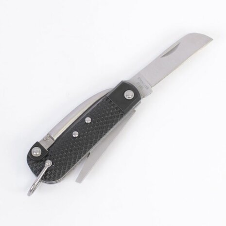 British Army Clasp Knife Jack Knife with black checkered grips and unfolded tools