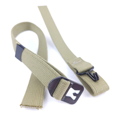 Mid-WWII M1 helmet chinstrap reproduction with 11-rib webbing and blackened brass hardware