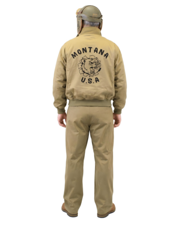 Mannequin wearing WWII-style tanker jacket, tanker helmet and US Army trousers