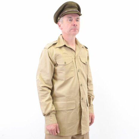 Airtex KD Bush Jacket WWII British Army Khaki Desert Shirt displayed on mannequin with British cap
