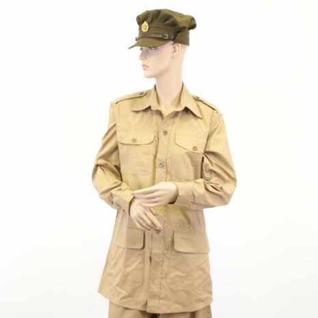 Airtex KD Bush Jacket WWII British Army Khaki Desert Shirt displayed on mannequin with British cap ATS Women