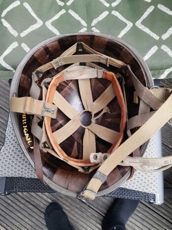 Interior of original M1 helmet with Westinghouse liner in Market Garden-style configuration