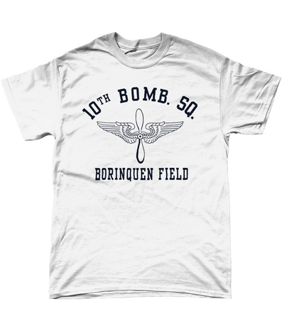 White WWII Borinquen Field T-shirt with winged propeller and dark blue print