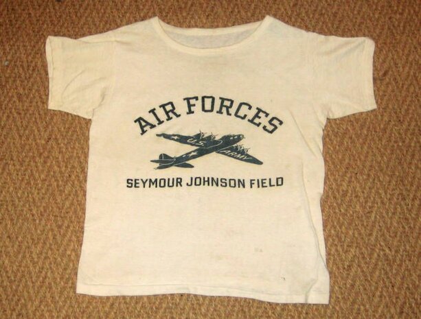 Original WWII Seymour Johnson Field Air Forces T-shirt with four-engine bomber