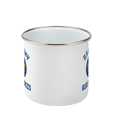 Rear view of white USAAF enamel mug showing the print on both sides