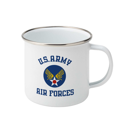 White U.S. Army Air Forces enamel mug with double-sided WW2 USAAF print and handle on the right