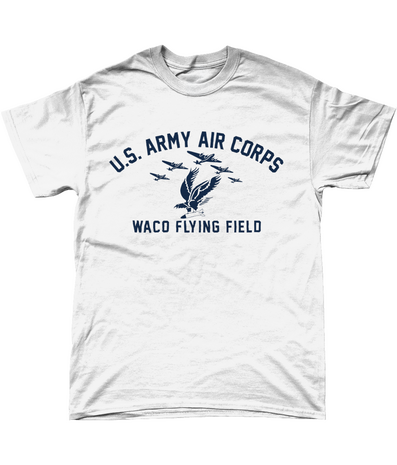 White Waco Flying Field T-shirt with dark navy U.S. Army Air Corps and military aircraft print