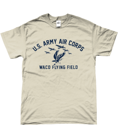 Waco Flying Field U.S. Army Air Corps T-shirt in natural with dark navy eagle and aircraft print