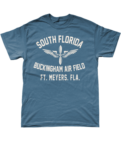 Blue Buckingham Air Field T-shirt with cream South Florida print and winged propeller emblem