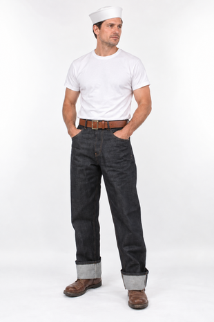 WWII US Navy 1940s Denim Deck Jeans reproduction in dark blue denim with PT Shirt